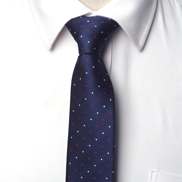 Moderne mørkeblåt slips med røde og hvide prikker 6 cm - Men's Classics - Men's Classics - yg08